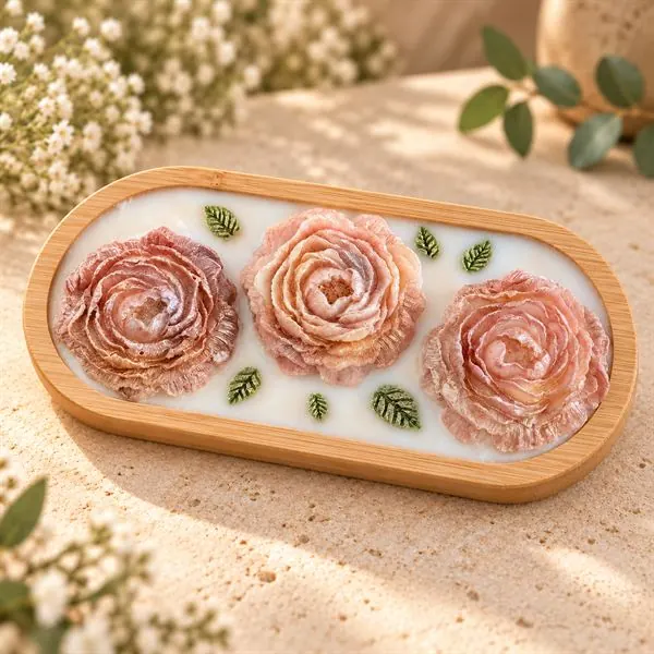 Plateau aux pivoines en cire parfumée sur bambou
